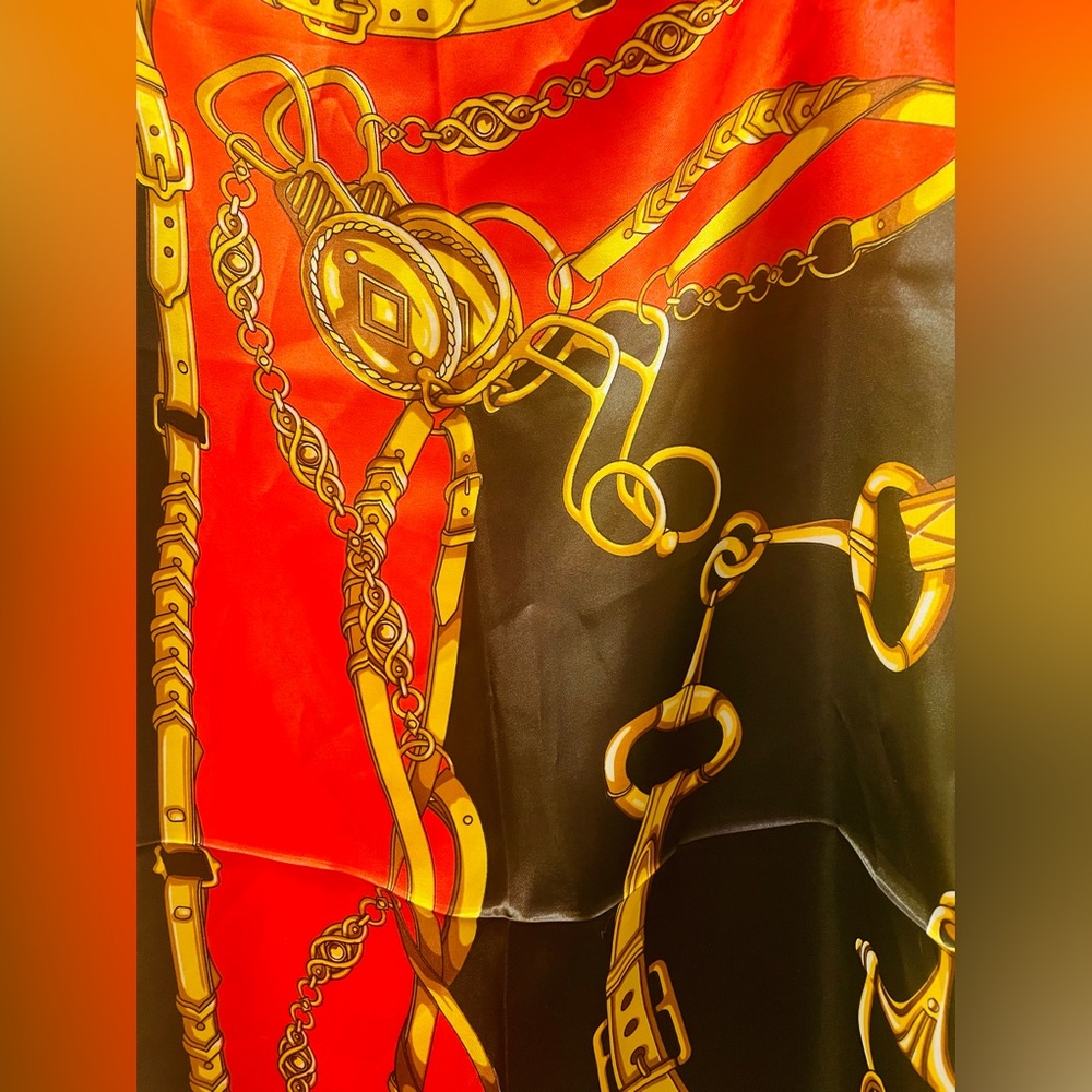 Vintage MOSI Red and Black Equestrian/ Chain Design Satin Scarf - Picture 7 of 10